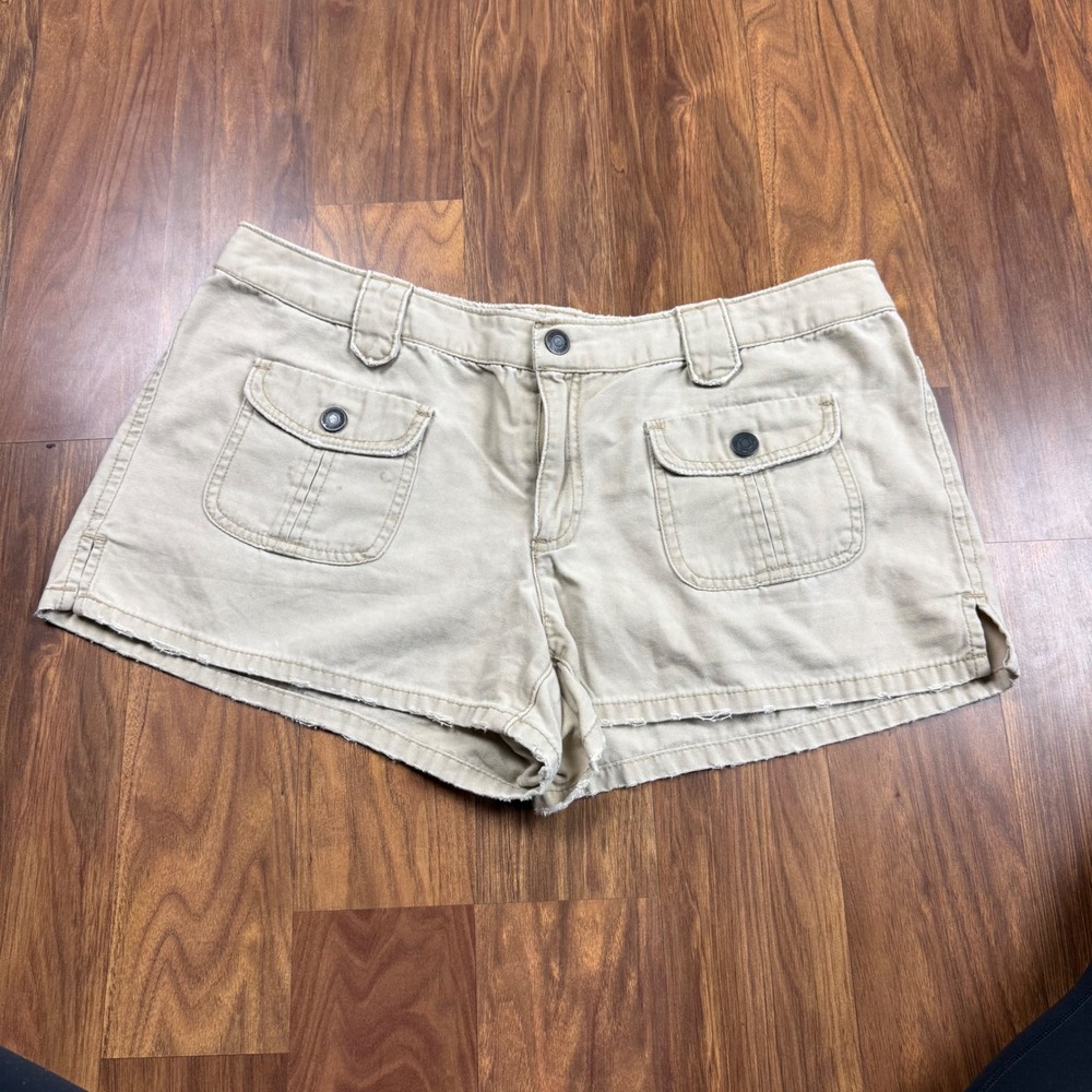 Y2K American Eagle Outfitters Khaki Cargo Shorts Womens 12 Tan Cotton Frayed Hem